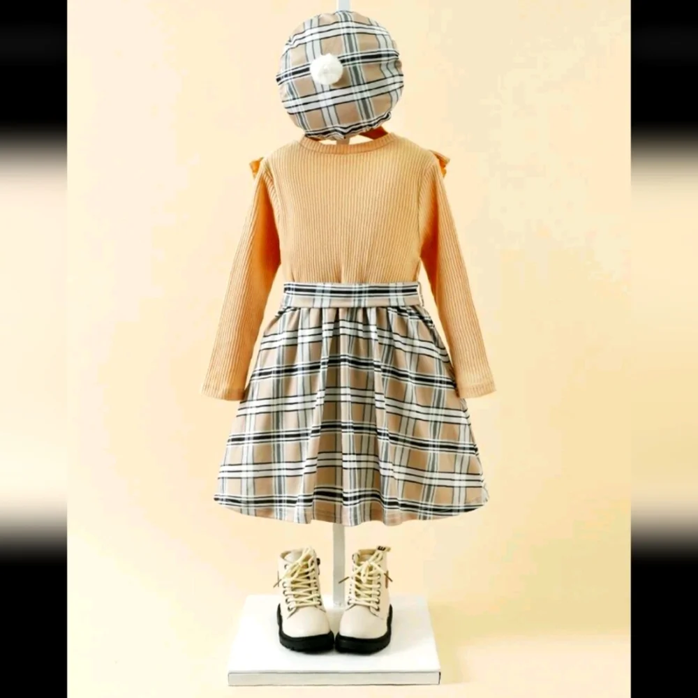 Girls Chic Preppy Retro Ruffle‎ Plaid Dress And Beret Outfit Size 6 EUC